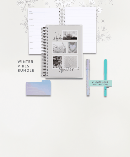 two new winter bundles: Winter Vibes Bundle and Glimmer Snowflake Bundle, each containing a coiled A5 planner with winter themed designs, a choice of writing tool and themed sticky notes on a winter snowflake background. Save Up to 25% by shopping bundles.
